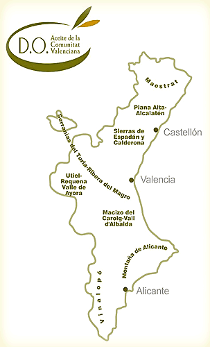 Mapa de la zona de producción de Aceite de la Comunitat Valenciana.